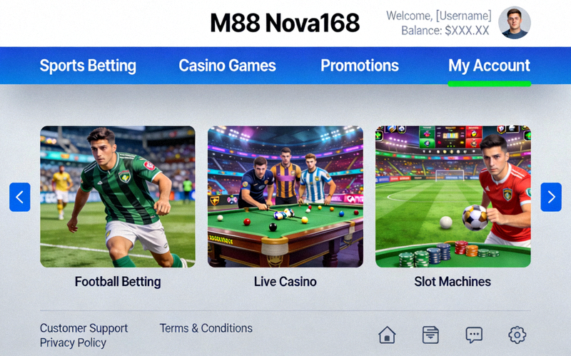 Giao diện nền tảng cá cược M88 Nova168 hiện đại và thân thiện với người dùng